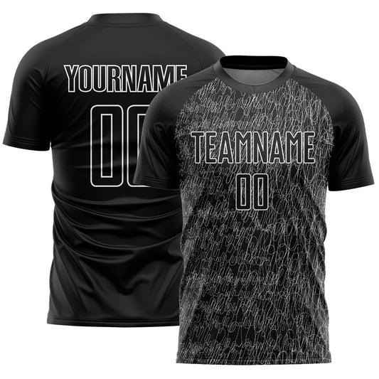 Custom Black White Abstract Scribble Curve Line Pattern Sports Sublimation Soccer Uniform Jersey - Main View