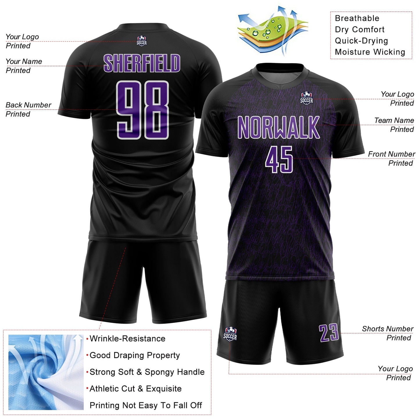 Custom Black Purple-White Abstract Scribble Curve Line Pattern Sports Sublimation Soccer Uniform Jersey view 4