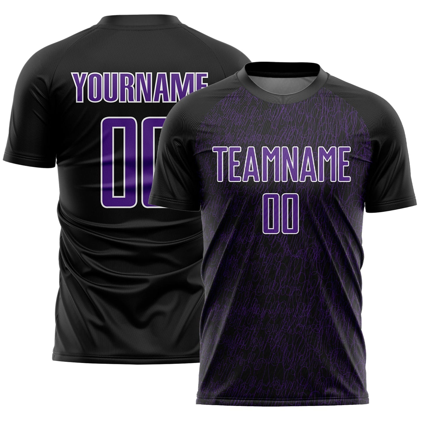 Custom Black Purple-White Abstract Scribble Curve Line Pattern Sports Sublimation Soccer Uniform Jersey - Main View