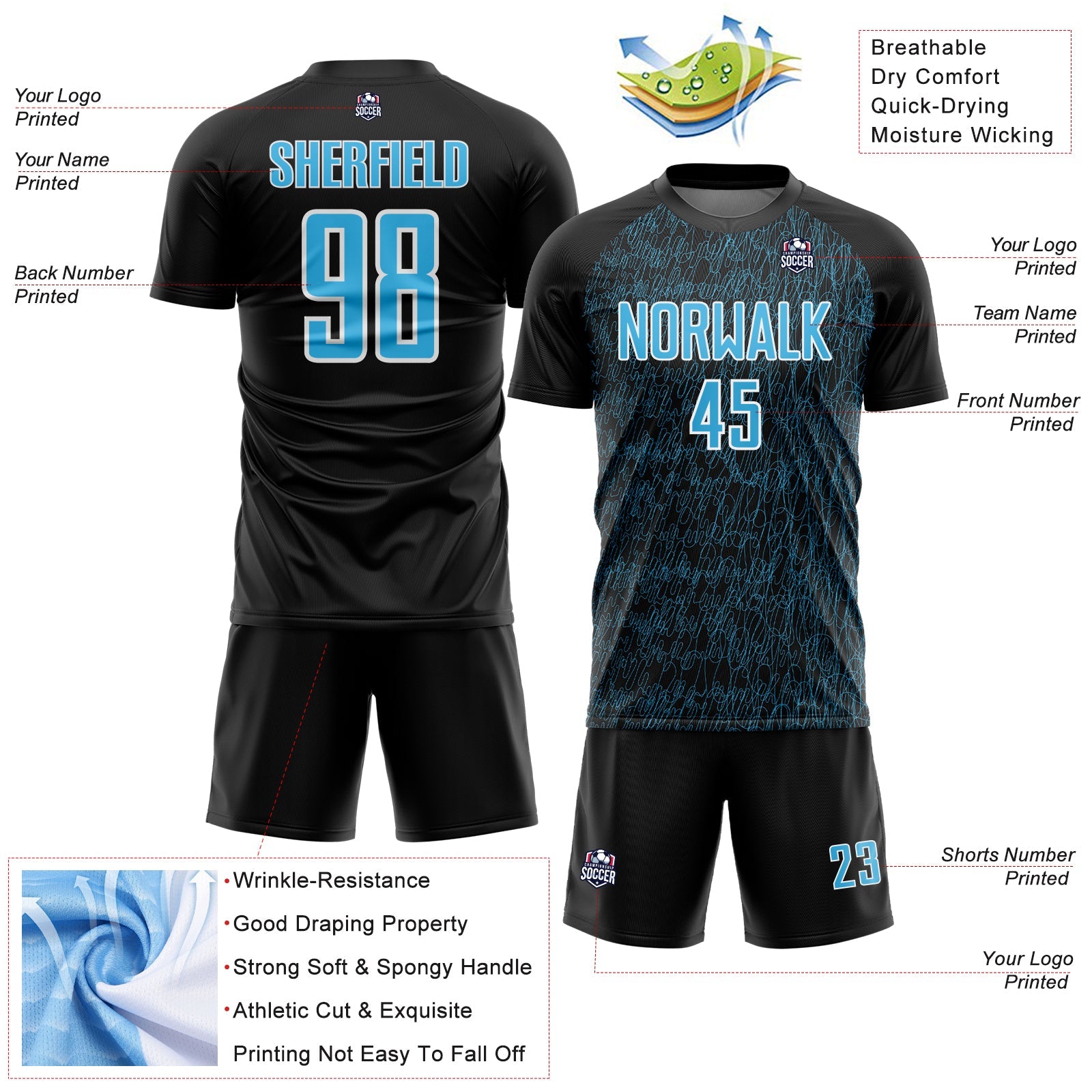Custom Black Sky Blue-White Abstract Scribble Curve Line Pattern Sports Sublimation Soccer Uniform Jersey view 4