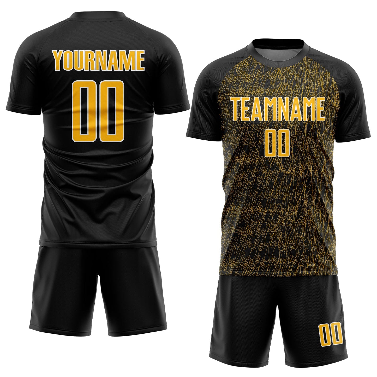 Custom Black Gold-White Abstract Scribble Curve Line Pattern Sports Sublimation Soccer Uniform Jersey view 2