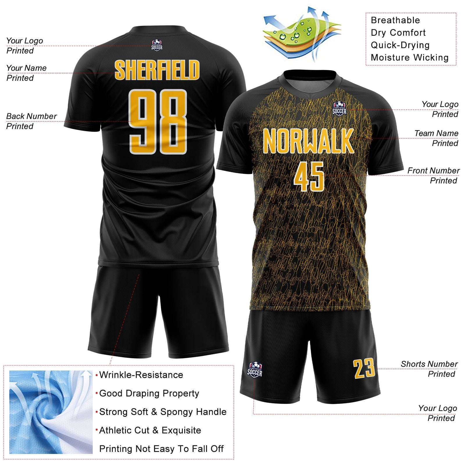 Custom Black Gold-White Abstract Scribble Curve Line Pattern Sports Sublimation Soccer Uniform Jersey view 4