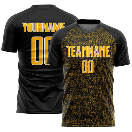 Custom Black Gold-White Abstract Scribble Curve Line Pattern Sports Sublimation Soccer Uniform Jersey - Main View