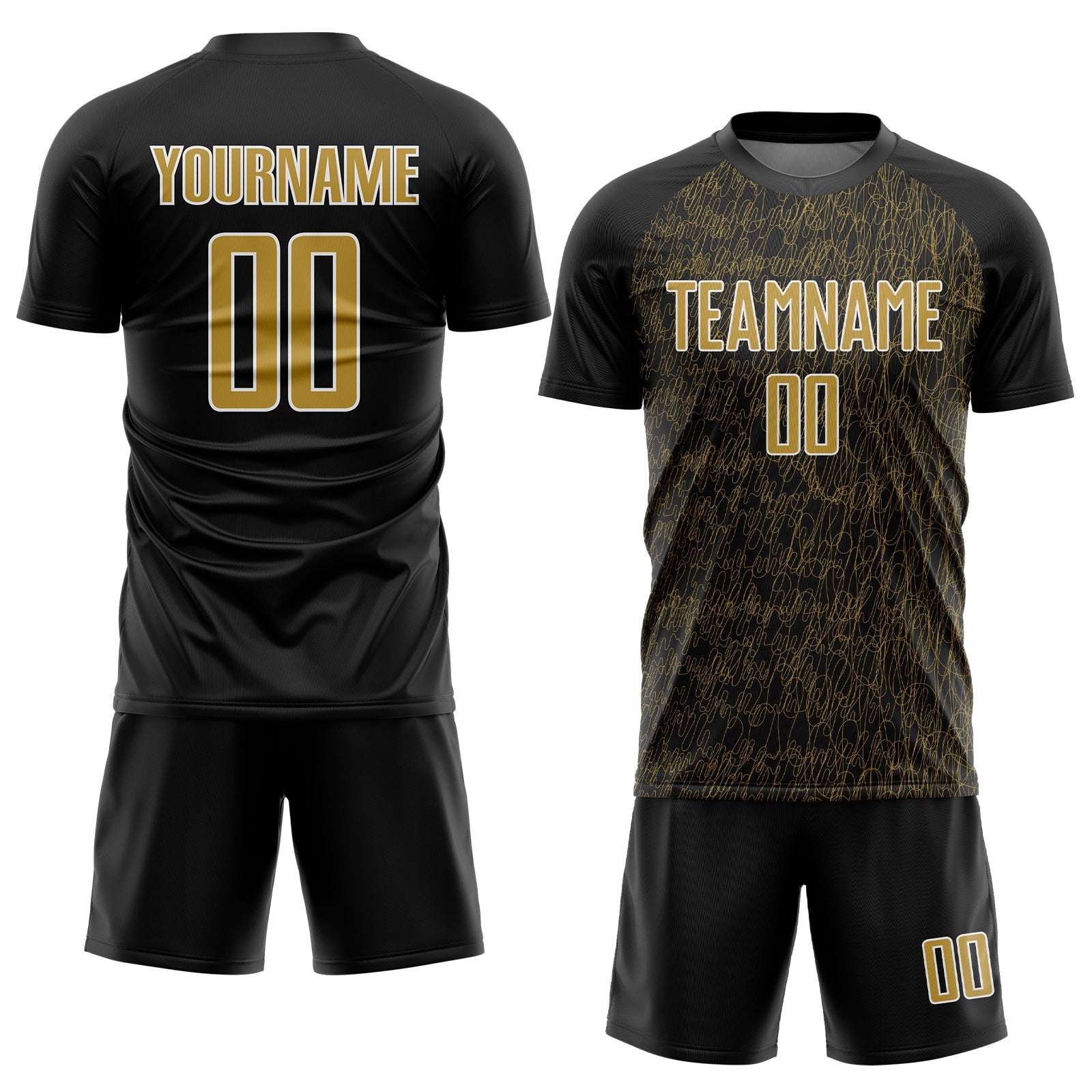 Custom Black Old Gold-White Abstract Scribble Curve Line Pattern Sports Sublimation Soccer Uniform Jersey view 2