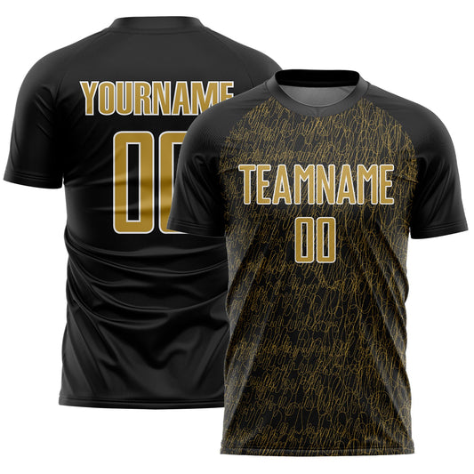 Custom Black Old Gold-White Abstract Scribble Curve Line Pattern Sports Sublimation Soccer Uniform Jersey - Main View