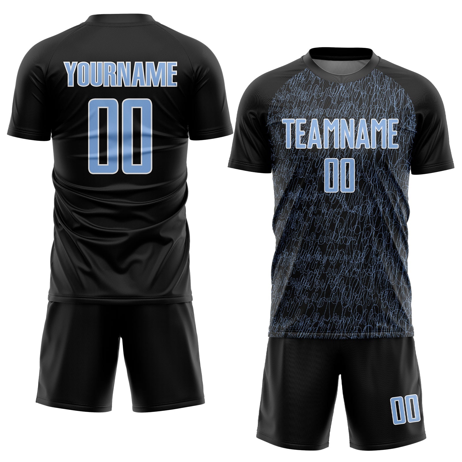 Custom Black Light Blue-White Abstract Scribble Curve Line Pattern Sports Sublimation Soccer Uniform Jersey view 2