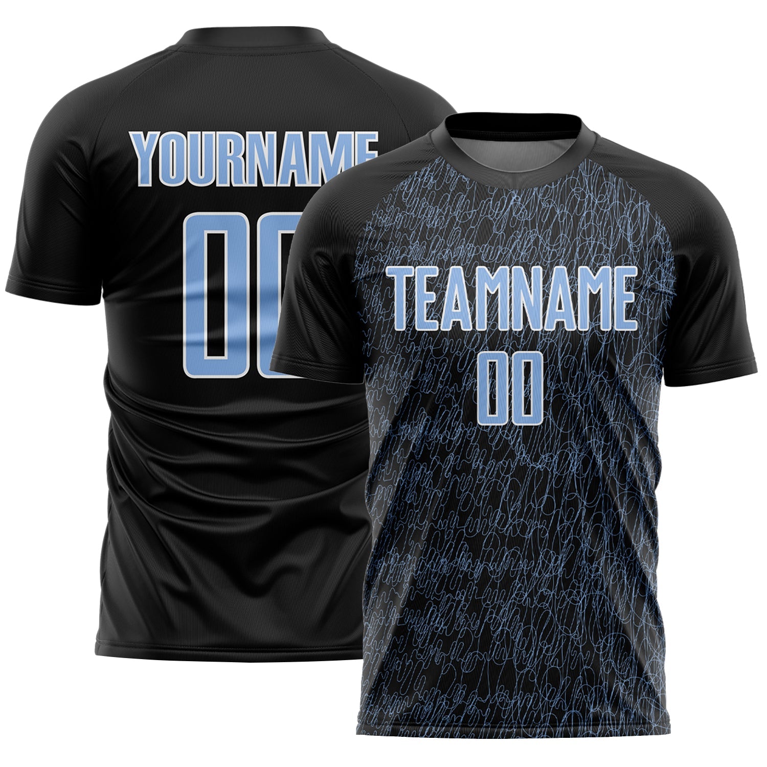 Custom Black Light Blue-White Abstract Scribble Curve Line Pattern Sports Sublimation Soccer Uniform Jersey - Main View