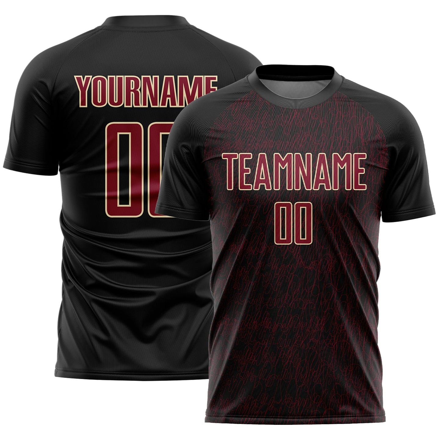 Custom Black Crimson-Cream Abstract Scribble Curve Line Pattern Sports Sublimation Soccer Uniform Jersey - Main View