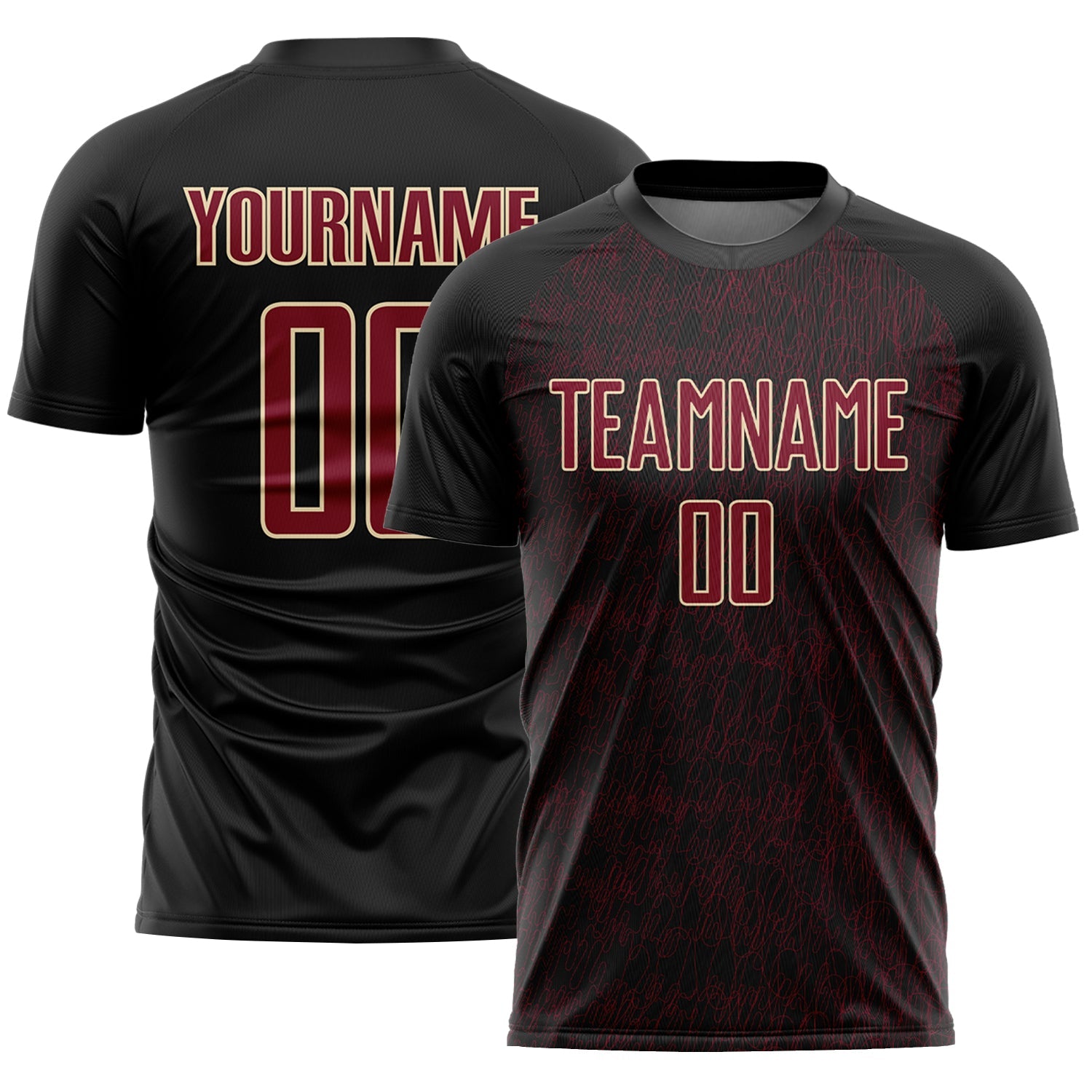 Custom Black Crimson-Cream Abstract Scribble Curve Line Pattern Sports Sublimation Soccer Uniform Jersey - Main View