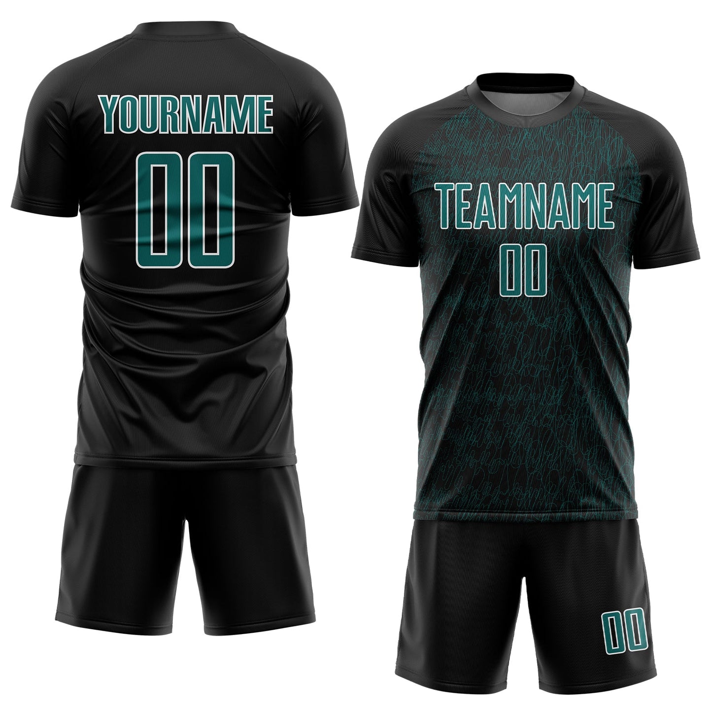 Custom Black Teal-White Abstract Scribble Curve Line Pattern Sports Sublimation Soccer Uniform Jersey view 2