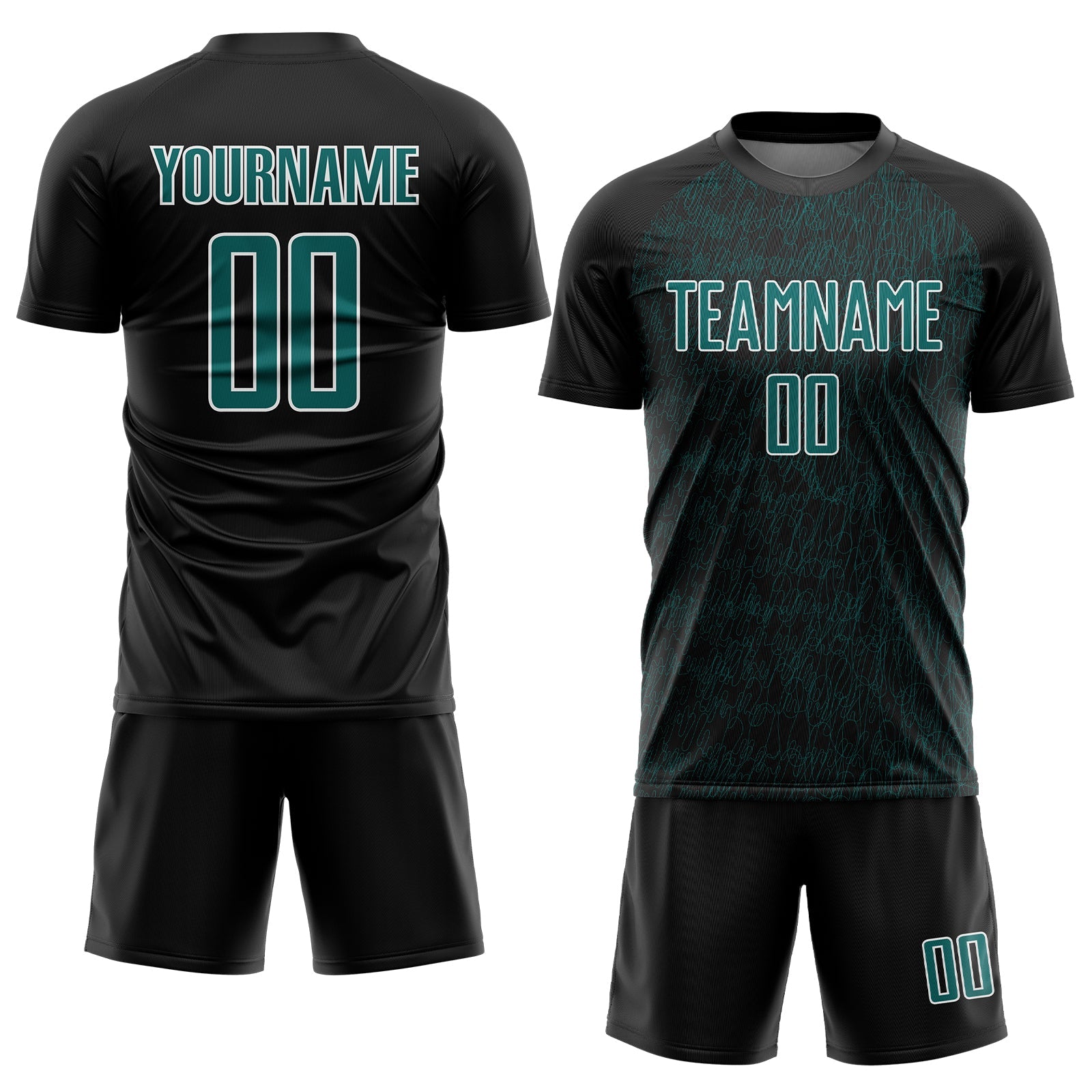 Custom Black Teal-White Abstract Scribble Curve Line Pattern Sports Sublimation Soccer Uniform Jersey view 2