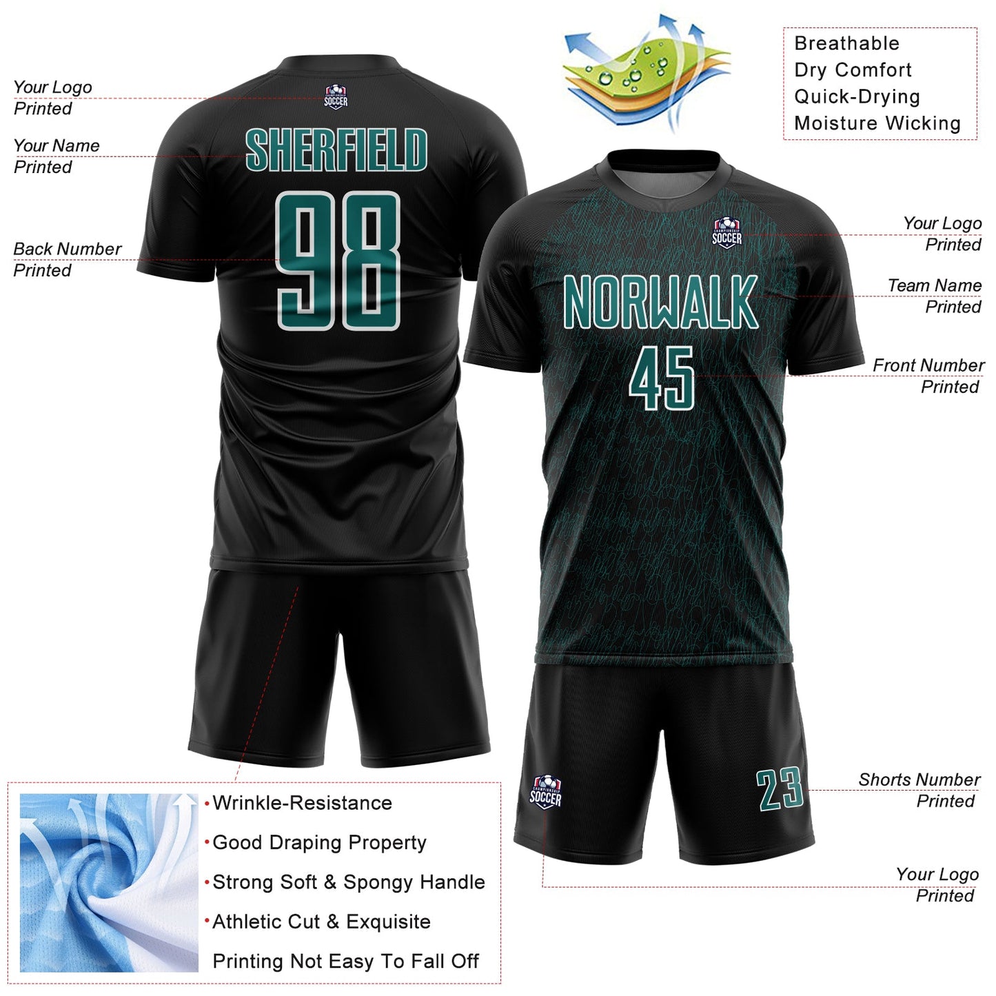 Custom Black Teal-White Abstract Scribble Curve Line Pattern Sports Sublimation Soccer Uniform Jersey view 4
