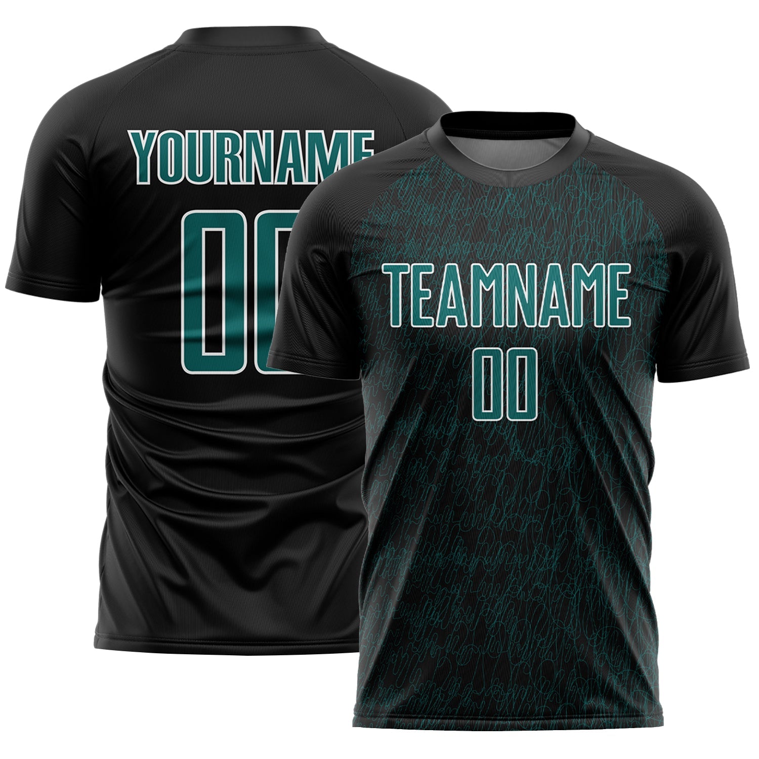 Custom Black Teal-White Abstract Scribble Curve Line Pattern Sports Sublimation Soccer Uniform Jersey - Main View