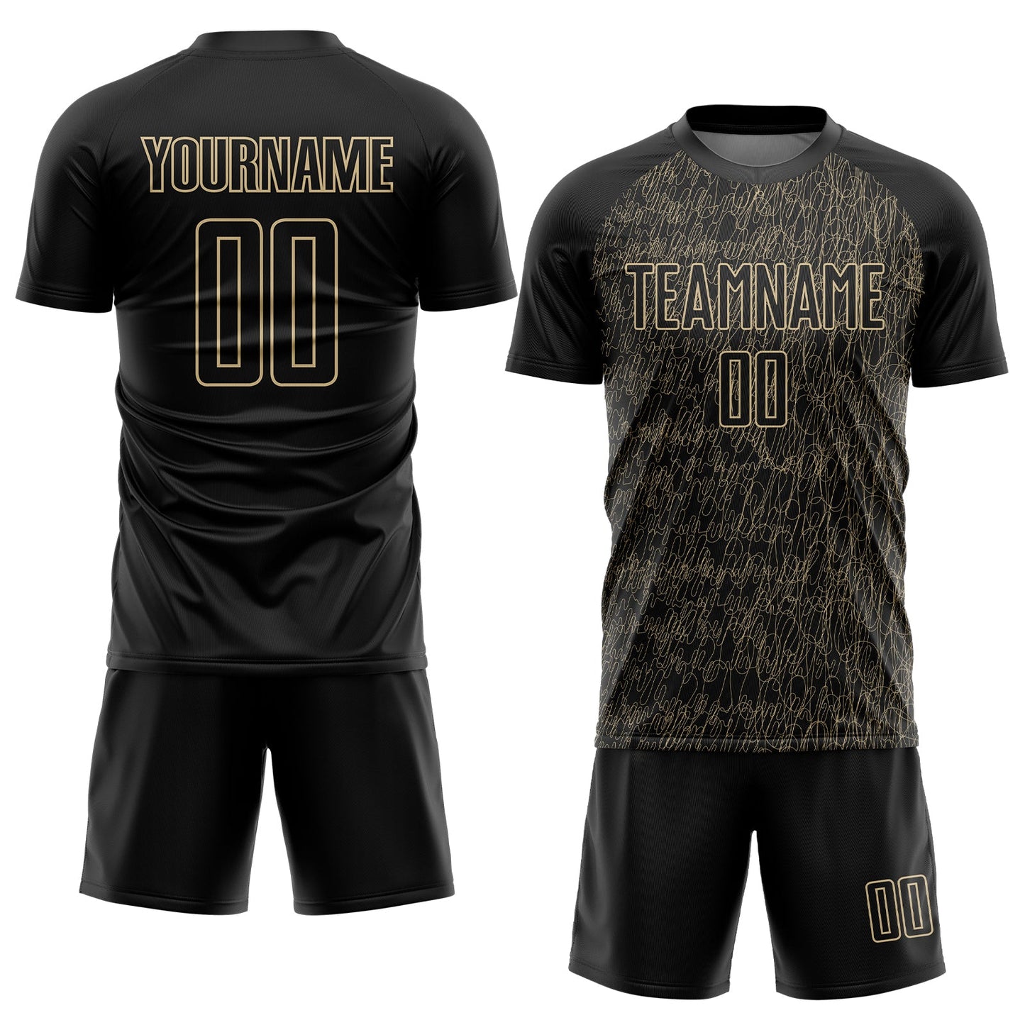 Custom Black Vegas Gold Abstract Scribble Curve Line Pattern Sports Sublimation Soccer Uniform Jersey view 2