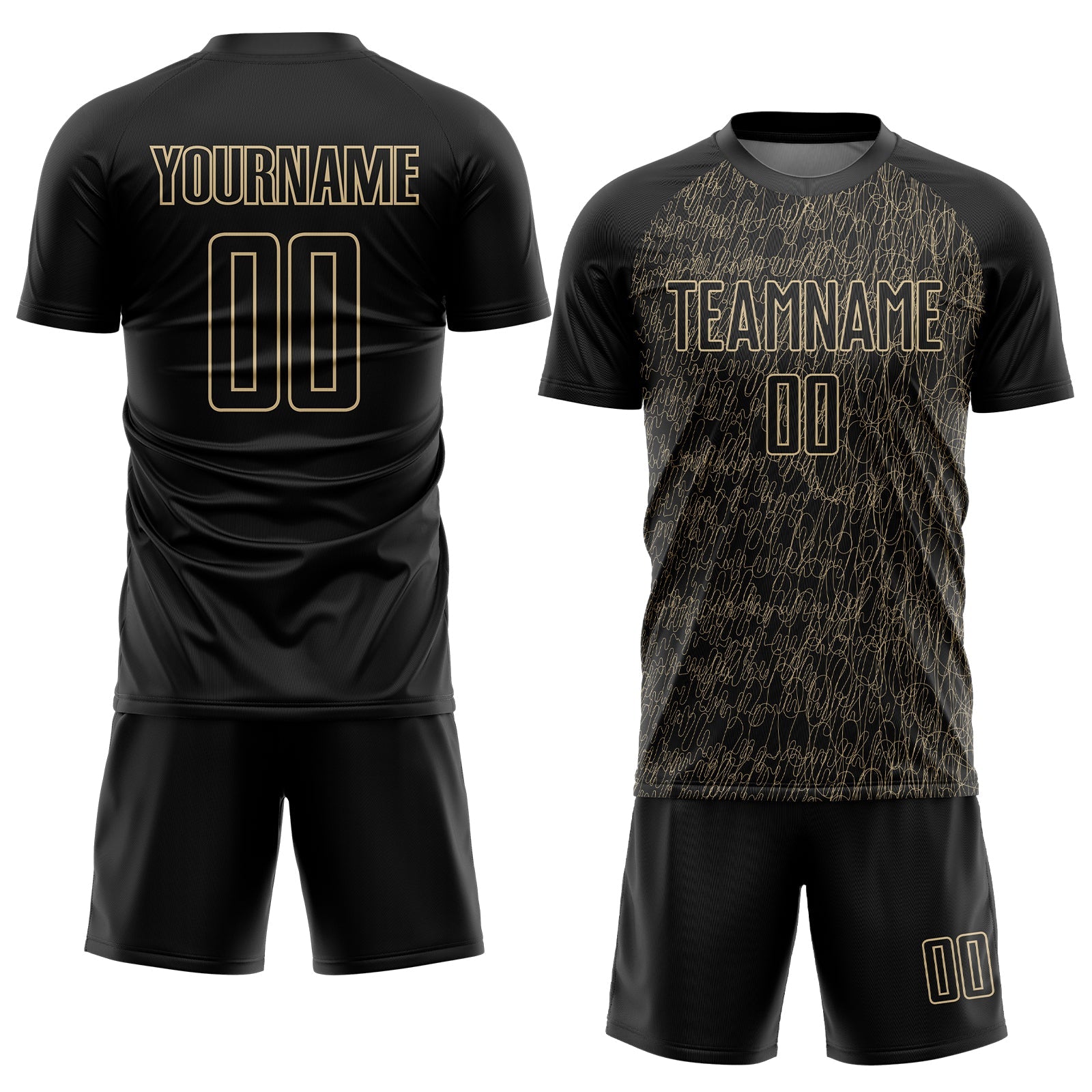 Custom Black Vegas Gold Abstract Scribble Curve Line Pattern Sports Sublimation Soccer Uniform Jersey view 2