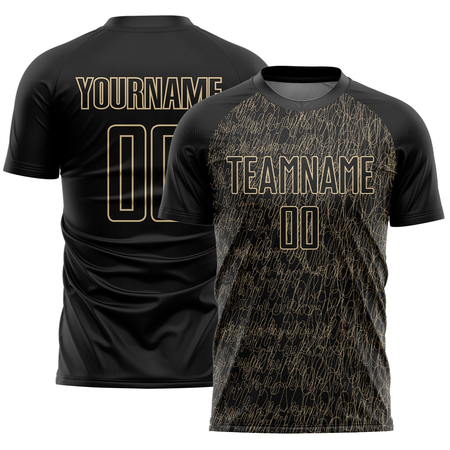 Custom Black Vegas Gold Abstract Scribble Curve Line Pattern Sports Sublimation Soccer Uniform Jersey - Main View