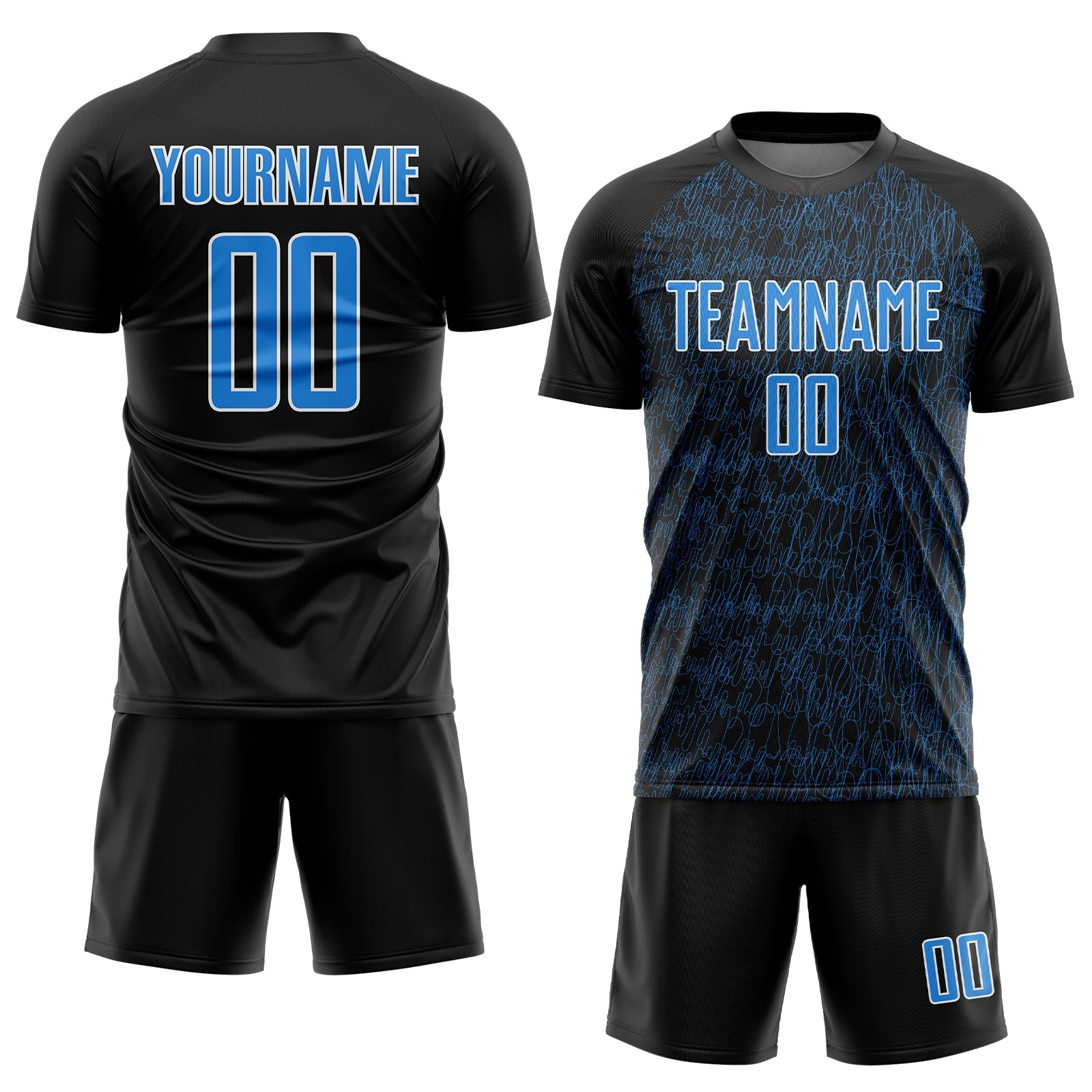 Custom Black Powder Blue-White Abstract Scribble Curve Line Pattern Sports Sublimation Soccer Uniform Jersey view 2