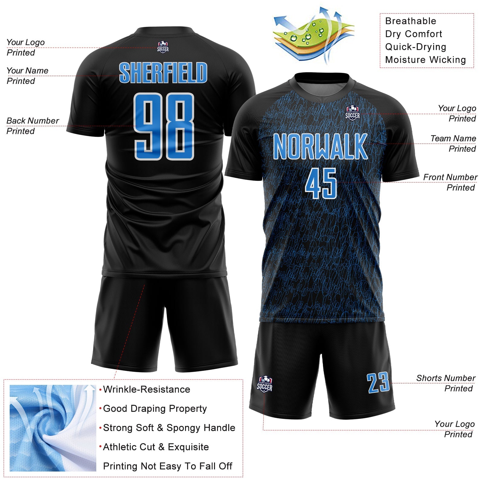 Custom Black Powder Blue-White Abstract Scribble Curve Line Pattern Sports Sublimation Soccer Uniform Jersey view 4