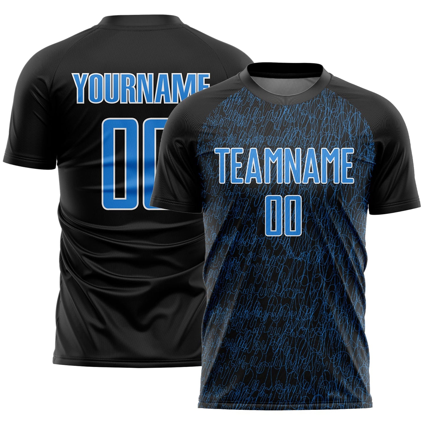 Custom Black Powder Blue-White Abstract Scribble Curve Line Pattern Sports Sublimation Soccer Uniform Jersey - Main View