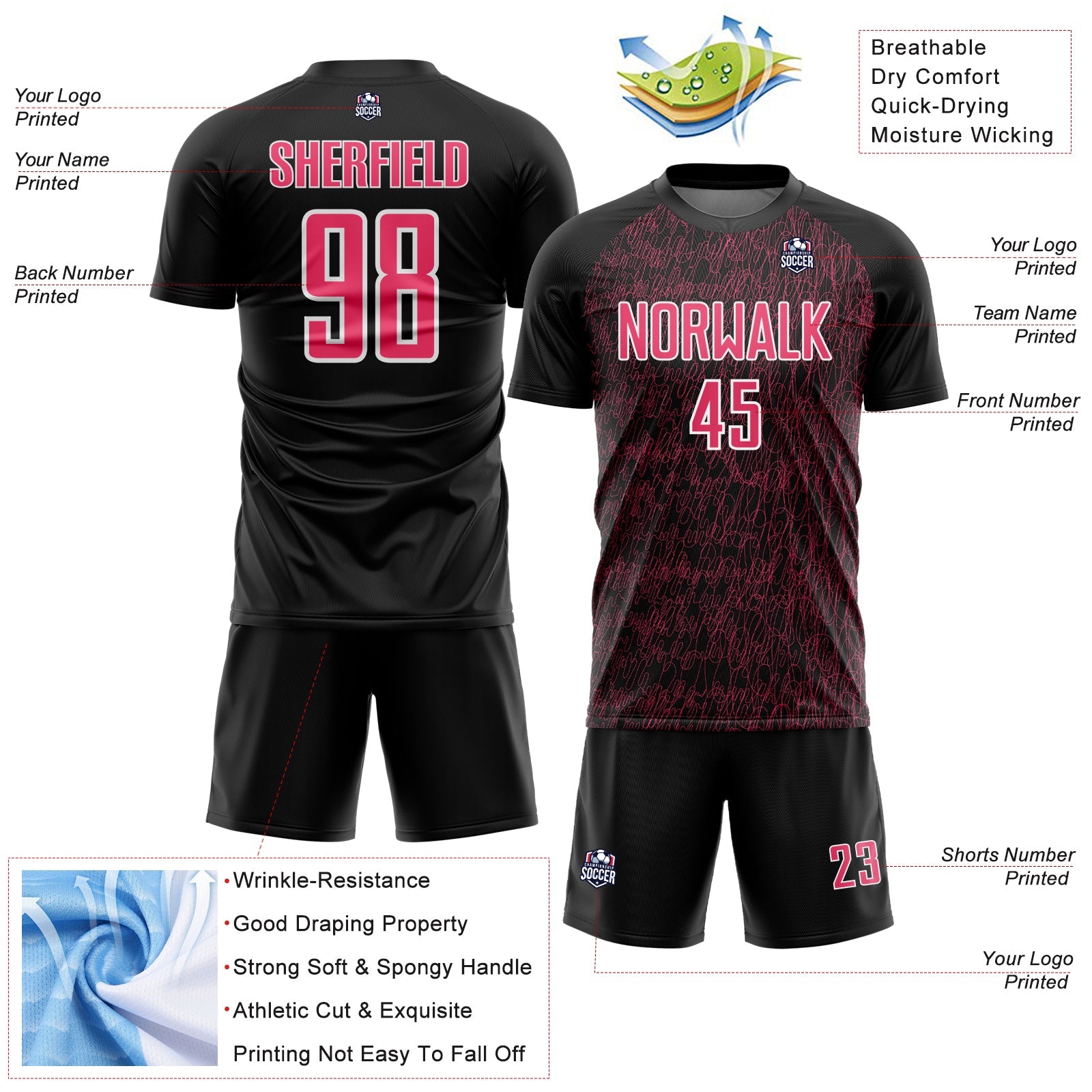 Custom Black Neon Pink-White Abstract Scribble Curve Line Pattern Sports Sublimation Soccer Uniform Jersey view 4