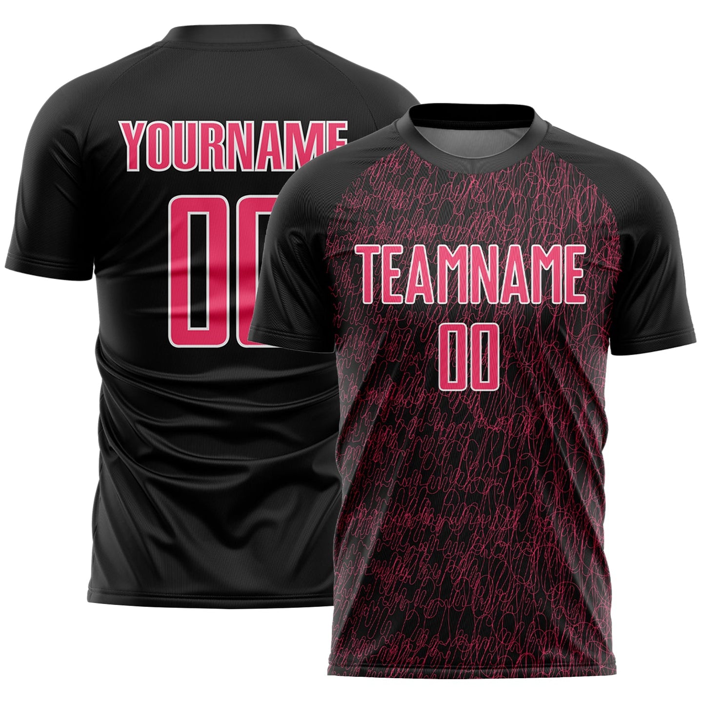 Custom Black Neon Pink-White Abstract Scribble Curve Line Pattern Sports Sublimation Soccer Uniform Jersey - Main View