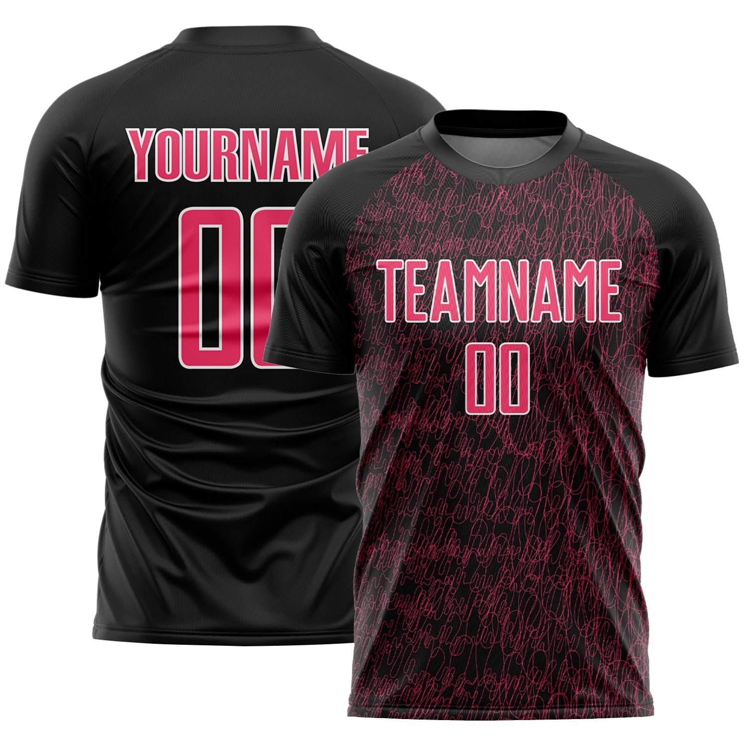 Custom Black Neon Pink-White Abstract Scribble Curve Line Pattern Sports Sublimation Soccer Uniform Jersey - Main View