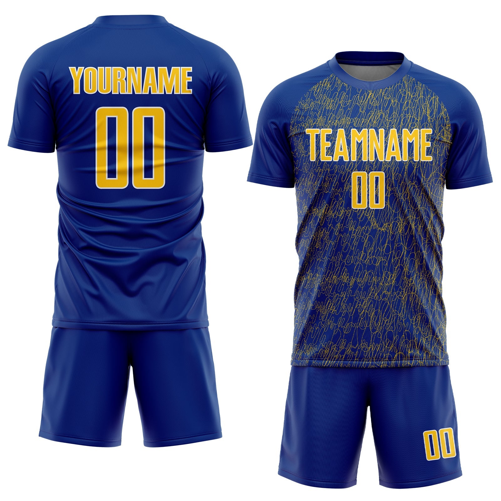 Custom Royal Yellow-White Abstract Scribble Curve Line Pattern Sports Sublimation Soccer Uniform Jersey view 2