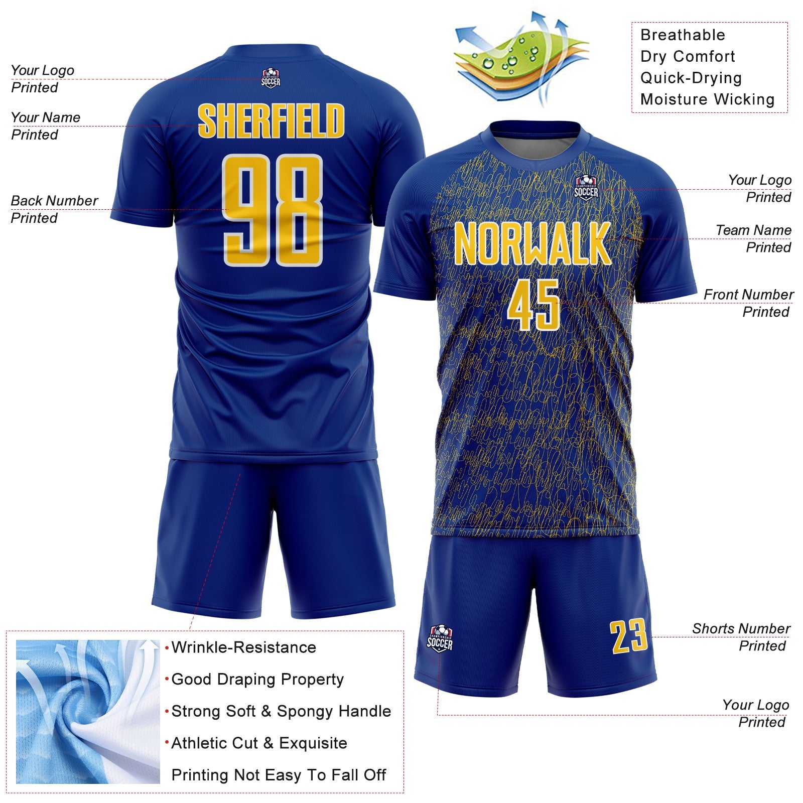 Custom Royal Yellow-White Abstract Scribble Curve Line Pattern Sports Sublimation Soccer Uniform Jersey view 4