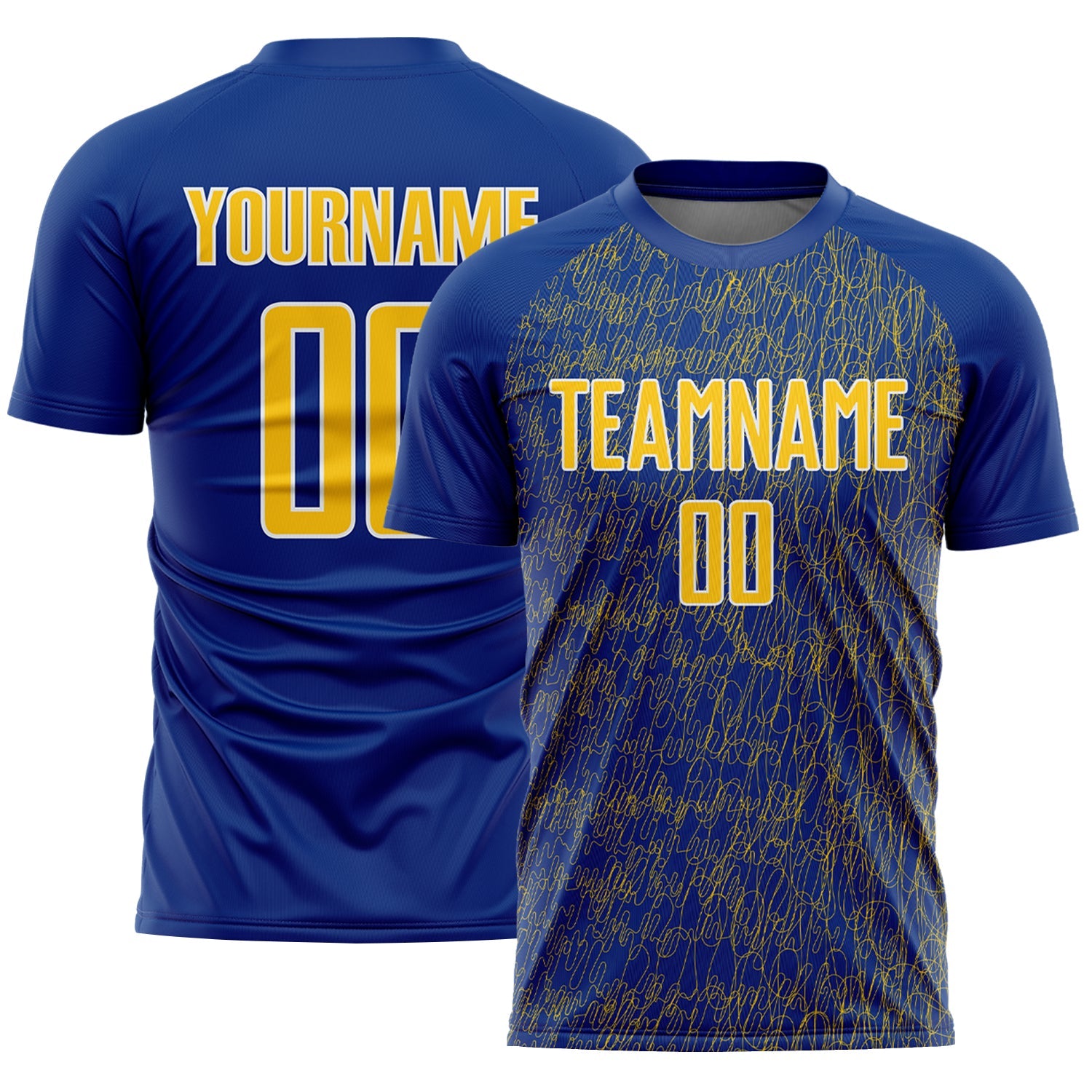 Custom Royal Yellow-White Abstract Scribble Curve Line Pattern Sports Sublimation Soccer Uniform Jersey - Main View