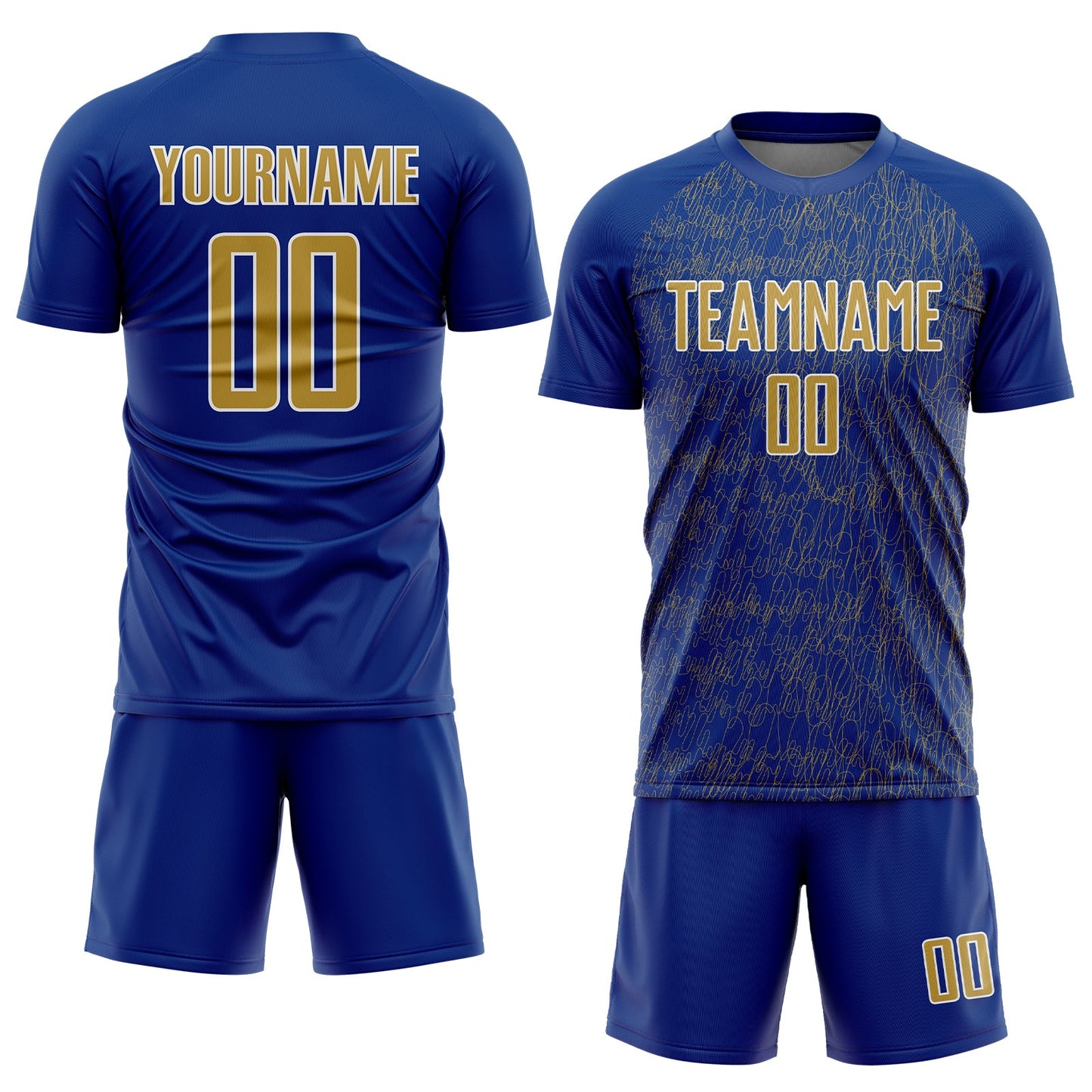Custom Royal Old Gold-White Abstract Scribble Curve Line Pattern Sports Sublimation Soccer Uniform Jersey view 2