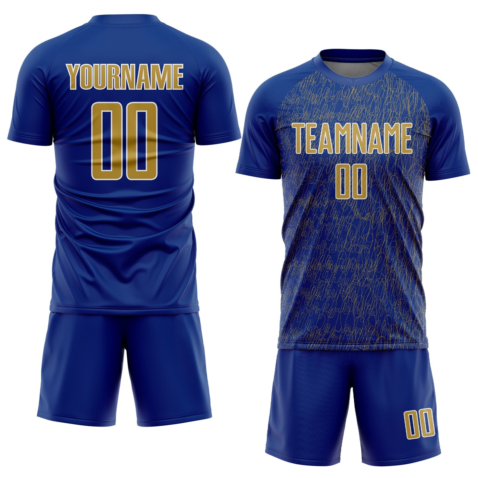 Custom Royal Old Gold-White Abstract Scribble Curve Line Pattern Sports Sublimation Soccer Uniform Jersey view 2