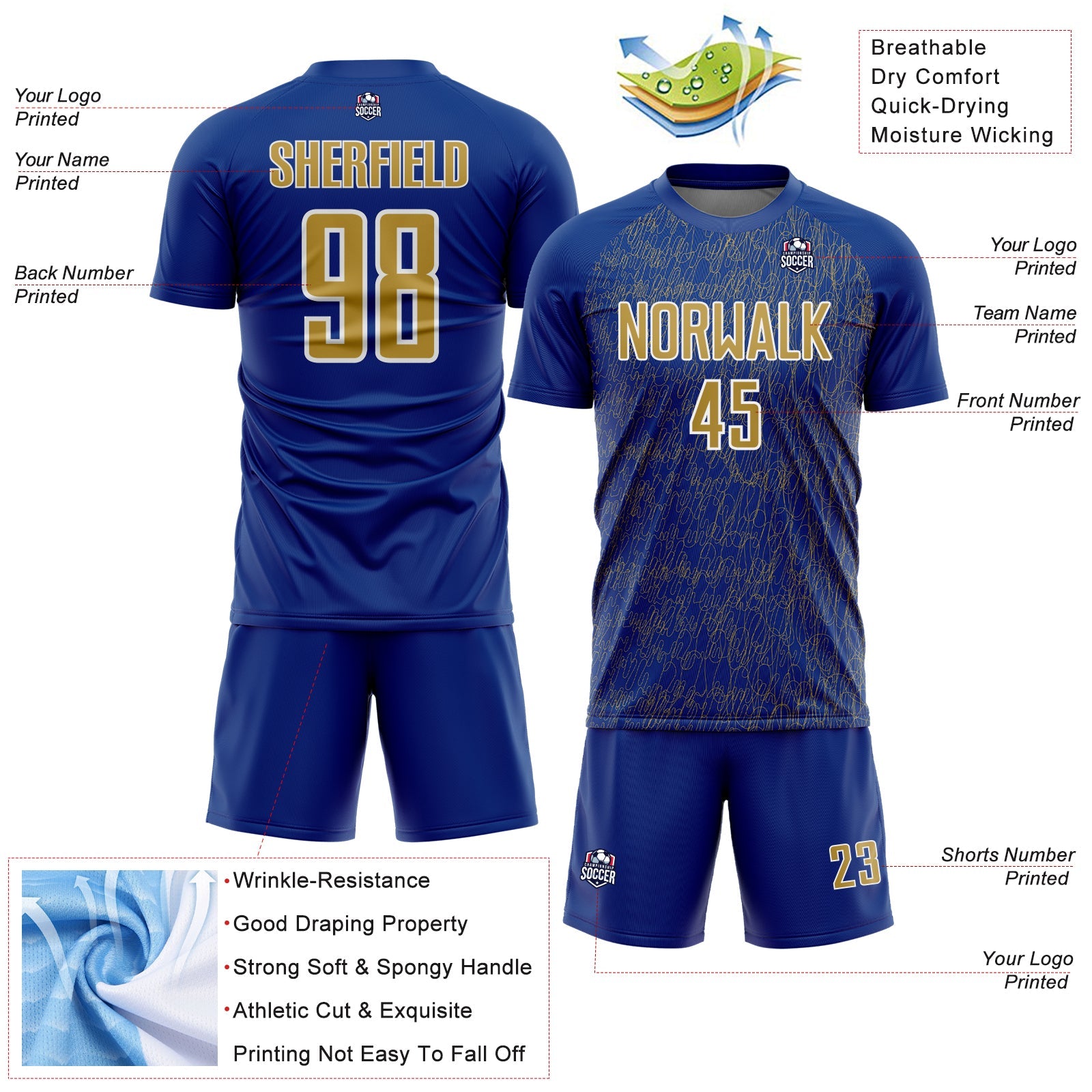 Custom Royal Old Gold-White Abstract Scribble Curve Line Pattern Sports Sublimation Soccer Uniform Jersey view 4