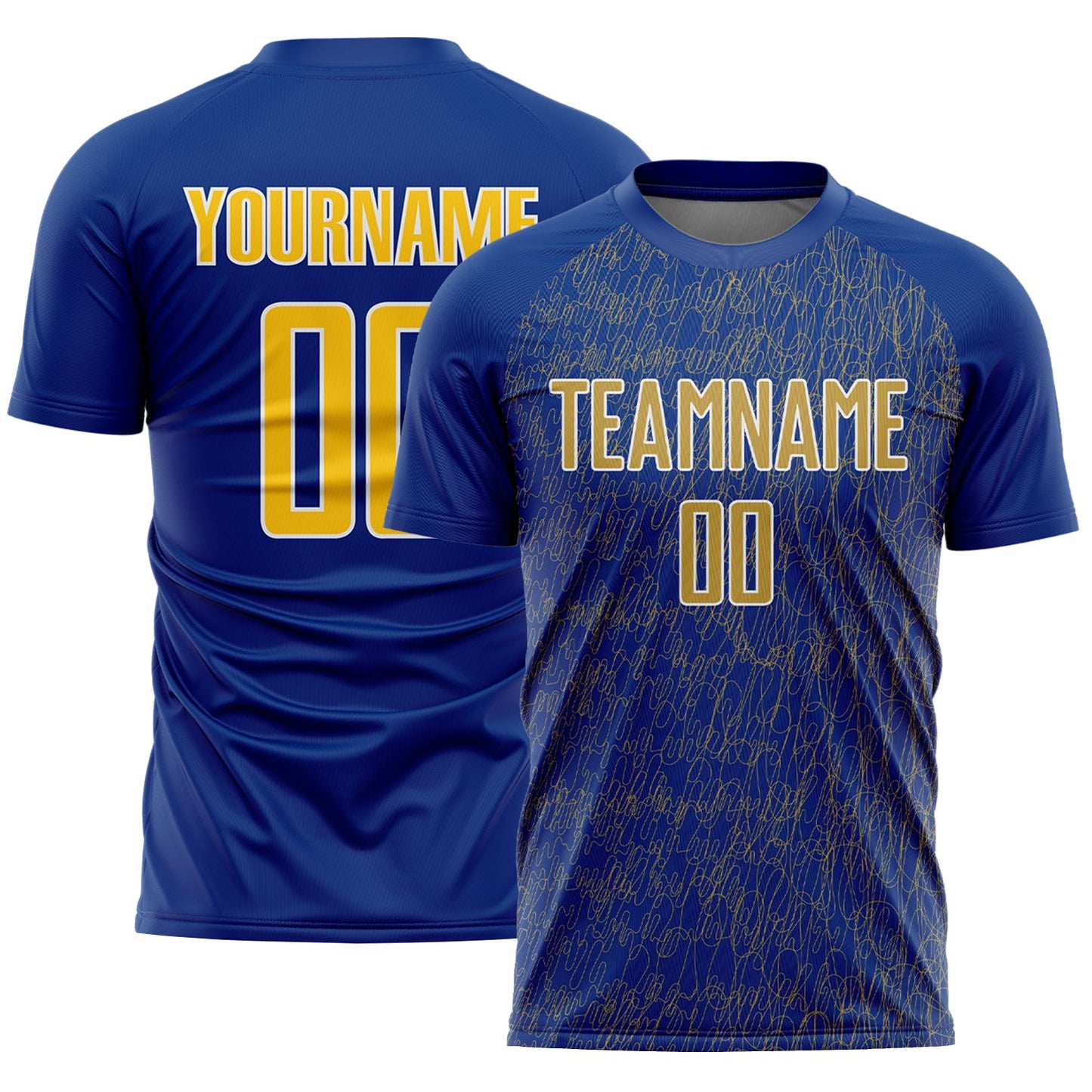 Custom Royal Old Gold-White Abstract Scribble Curve Line Pattern Sports Sublimation Soccer Uniform Jersey - Main View