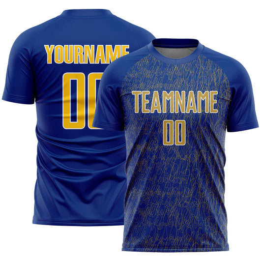 Custom Royal Old Gold-White Abstract Scribble Curve Line Pattern Sports Sublimation Soccer Uniform Jersey - Main View