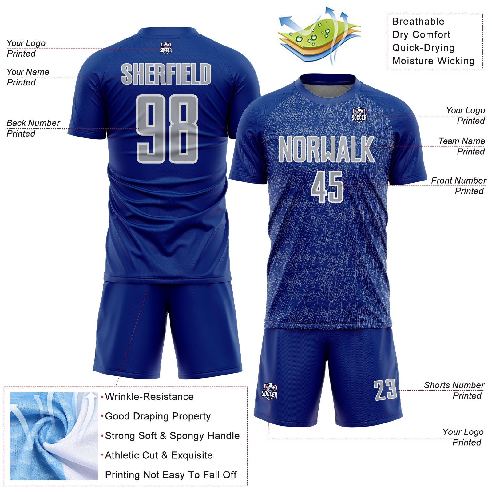 Custom Royal Gray-White Abstract Scribble Curve Line Pattern Sports Sublimation Soccer Uniform Jersey view 4