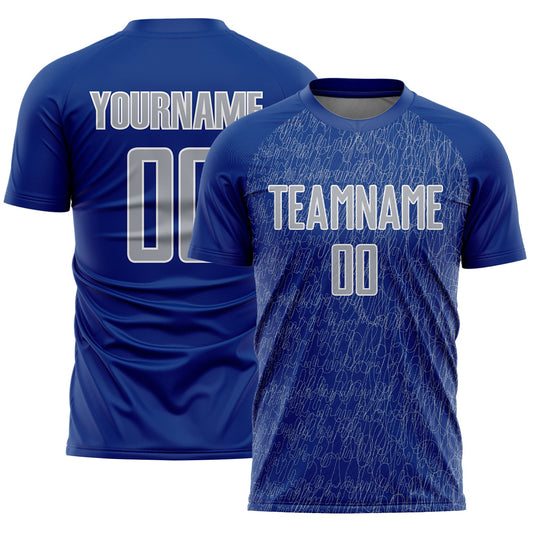 Custom Royal Gray-White Abstract Scribble Curve Line Pattern Sports Sublimation Soccer Uniform Jersey - Main View