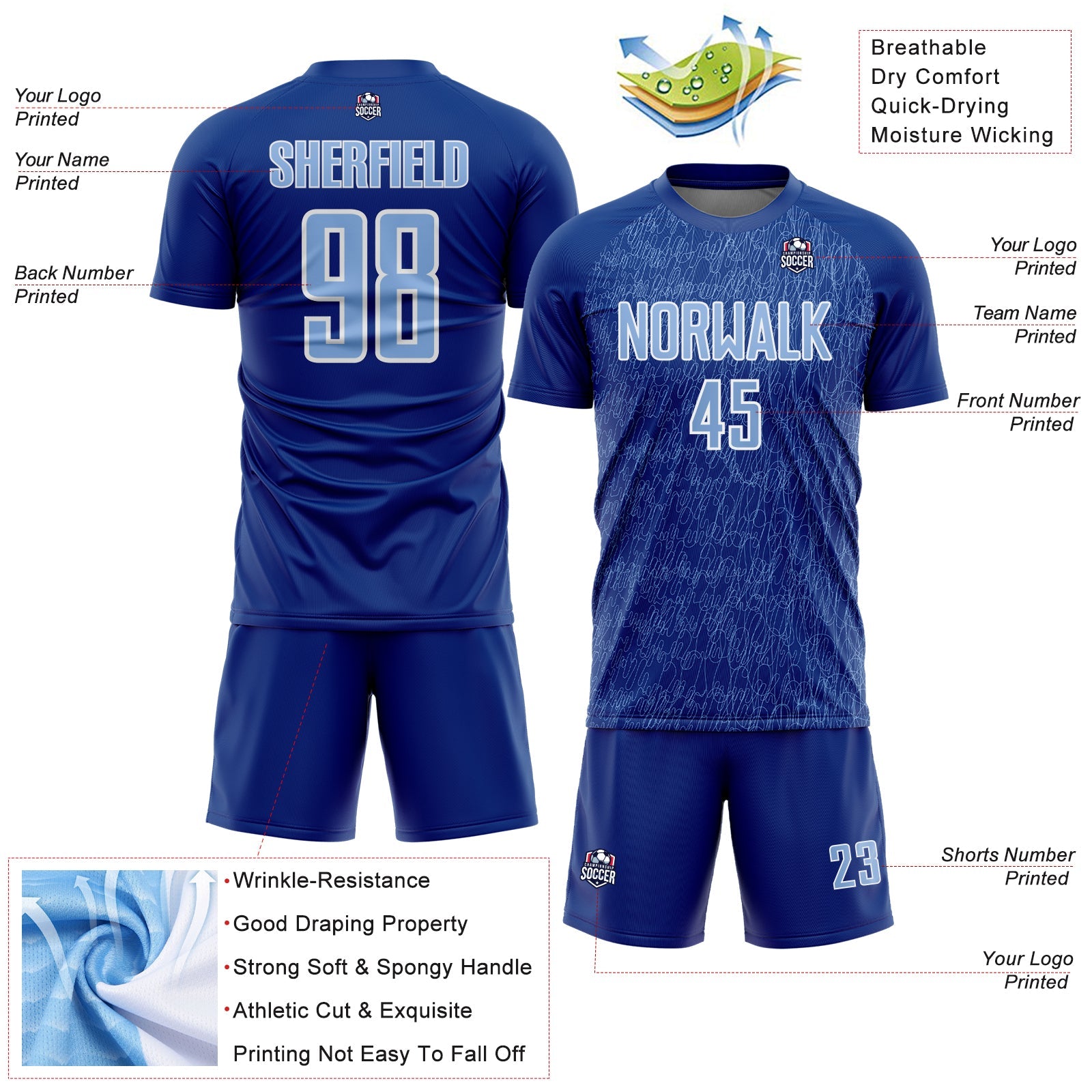 Custom Royal Light Blue-White Abstract Scribble Curve Line Pattern Sports Sublimation Soccer Uniform Jersey view 4