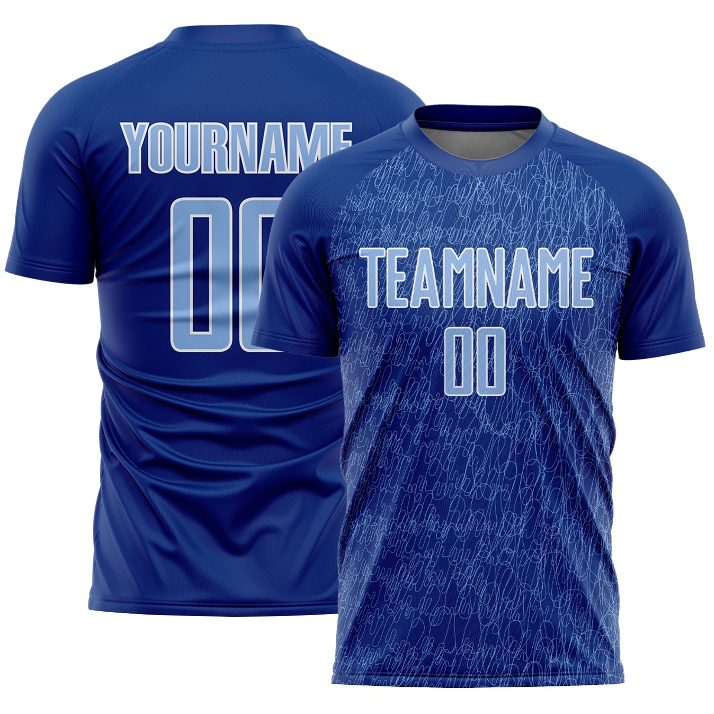 Custom Royal Light Blue-White Abstract Scribble Curve Line Pattern Sports Sublimation Soccer Uniform Jersey - Main View