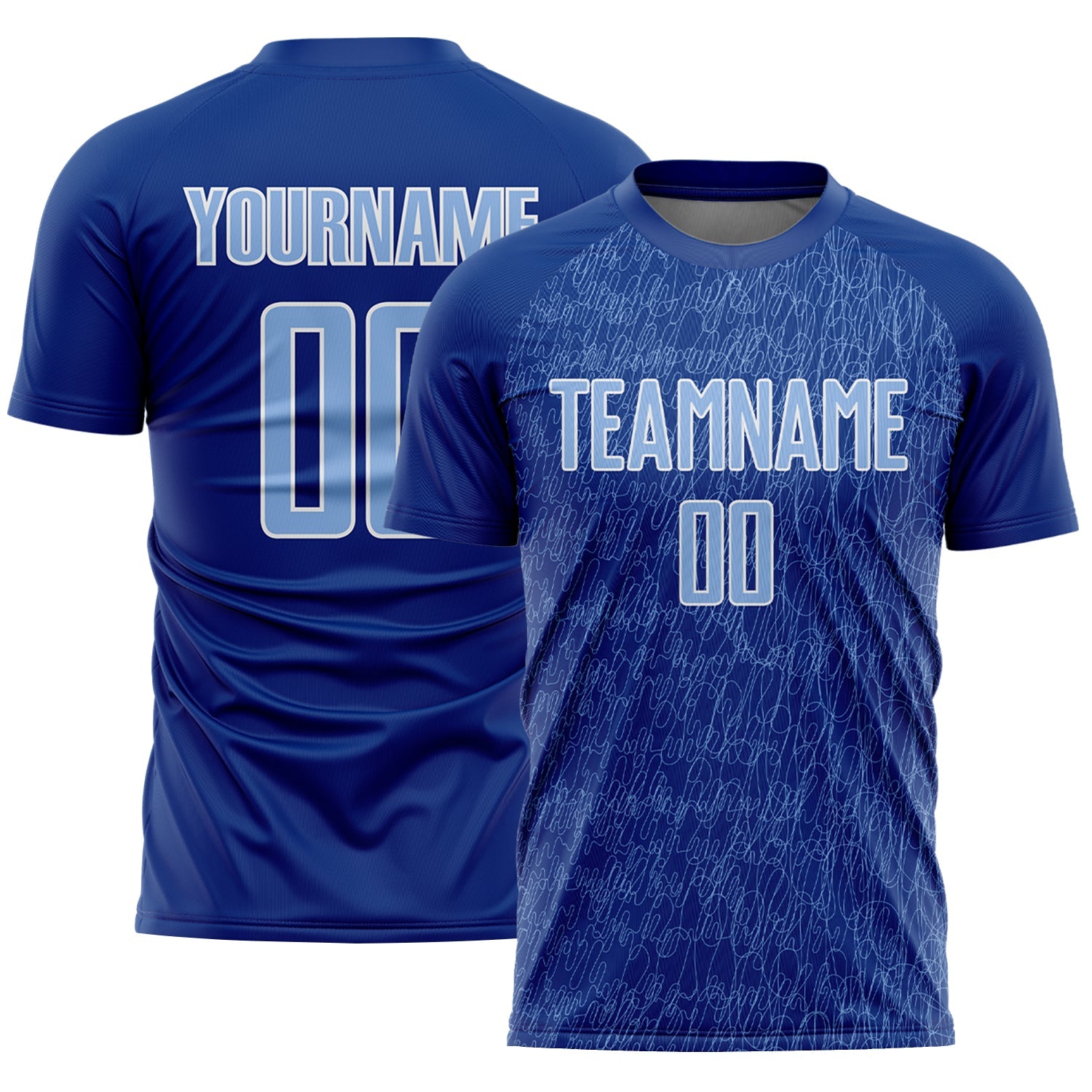 Custom Royal Light Blue-White Abstract Scribble Curve Line Pattern Sports Sublimation Soccer Uniform Jersey - Main View