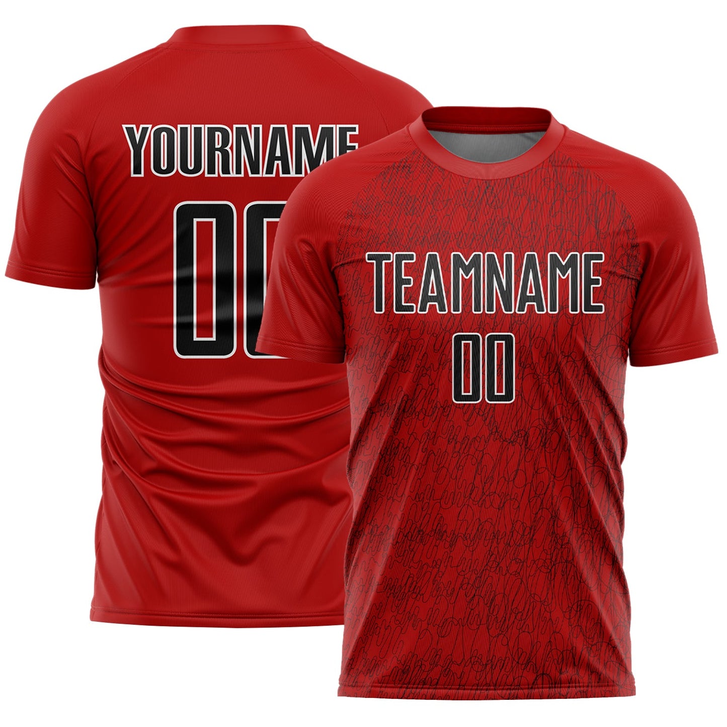 Custom Red Black-White Abstract Scribble Curve Line Pattern Sports Sublimation Soccer Uniform Jersey - Main View