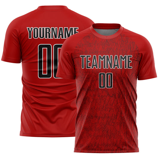 Custom Red Black-White Abstract Scribble Curve Line Pattern Sports Sublimation Soccer Uniform Jersey - Main View