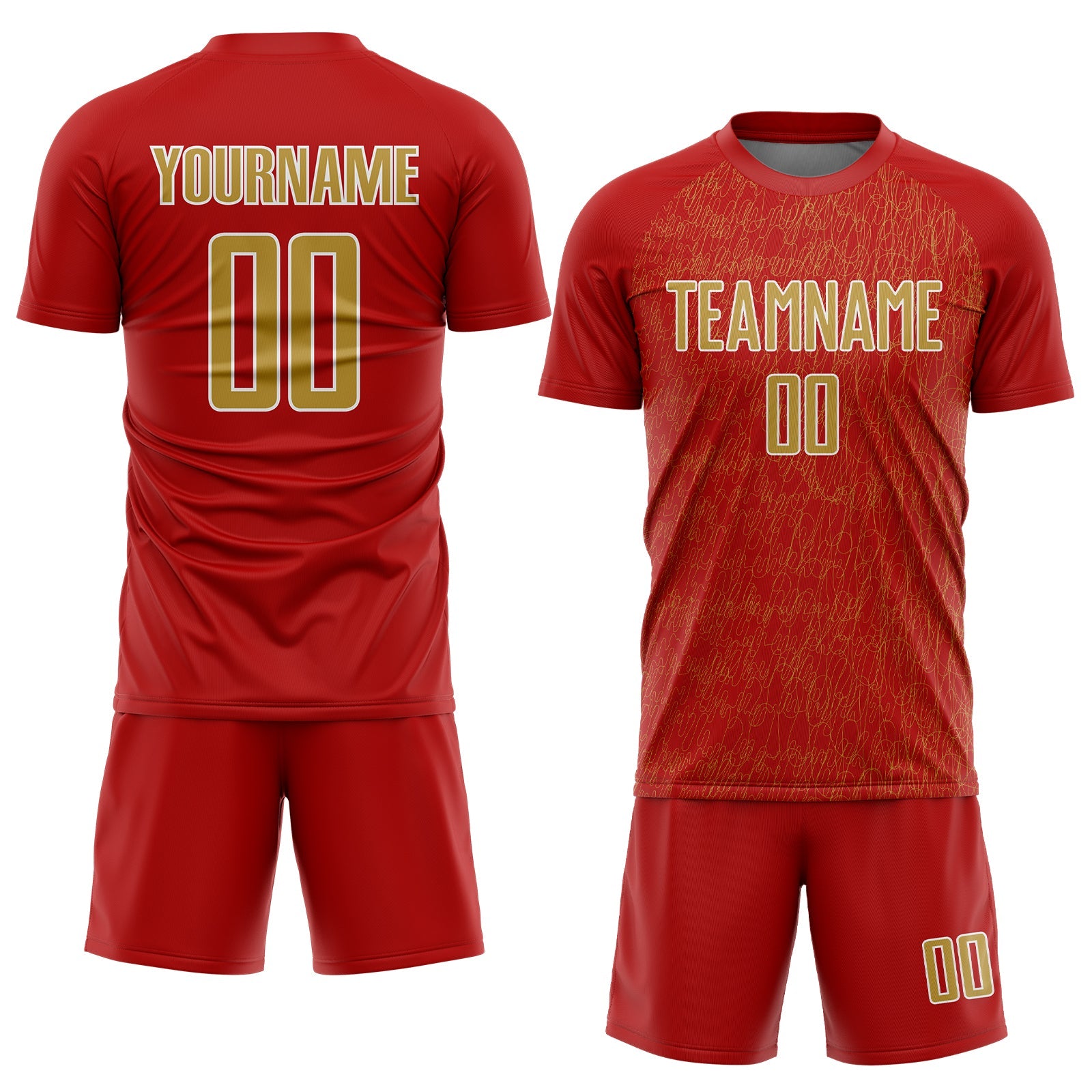 Custom Red Old Gold-White Abstract Scribble Curve Line Pattern Sports Sublimation Soccer Uniform Jersey view 2