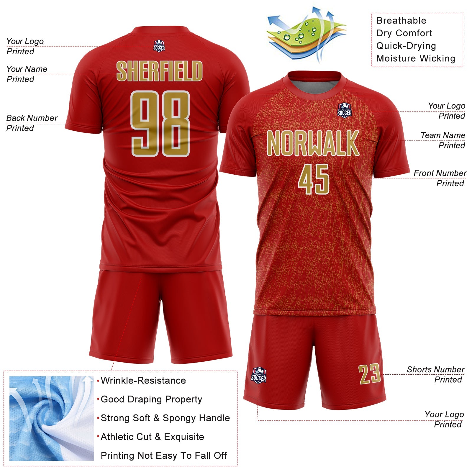 Custom Red Old Gold-White Abstract Scribble Curve Line Pattern Sports Sublimation Soccer Uniform Jersey view 4