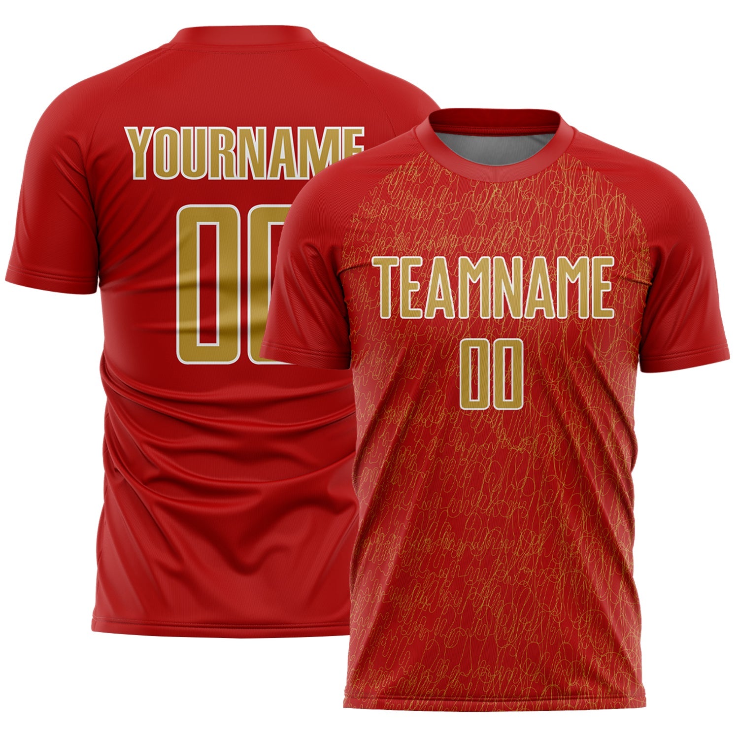 Custom Red Old Gold-White Abstract Scribble Curve Line Pattern Sports Sublimation Soccer Uniform Jersey - Main View