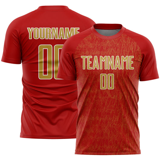 Custom Red Old Gold-White Abstract Scribble Curve Line Pattern Sports Sublimation Soccer Uniform Jersey - Main View