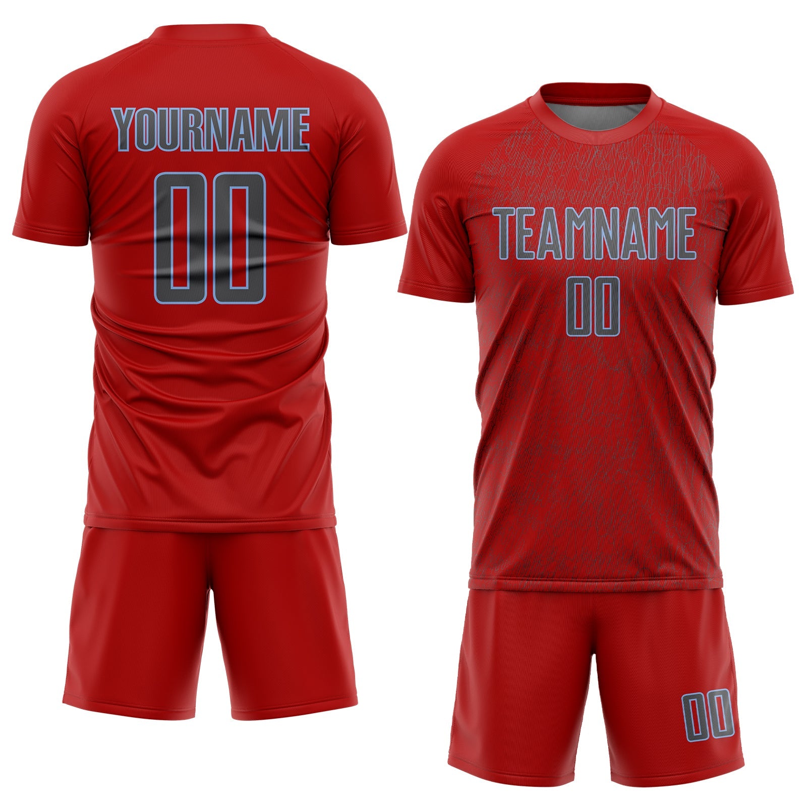 Custom Red Steel Gray-Light Blue Abstract Scribble Curve Line Pattern Sports Sublimation Soccer Uniform Jersey view 2