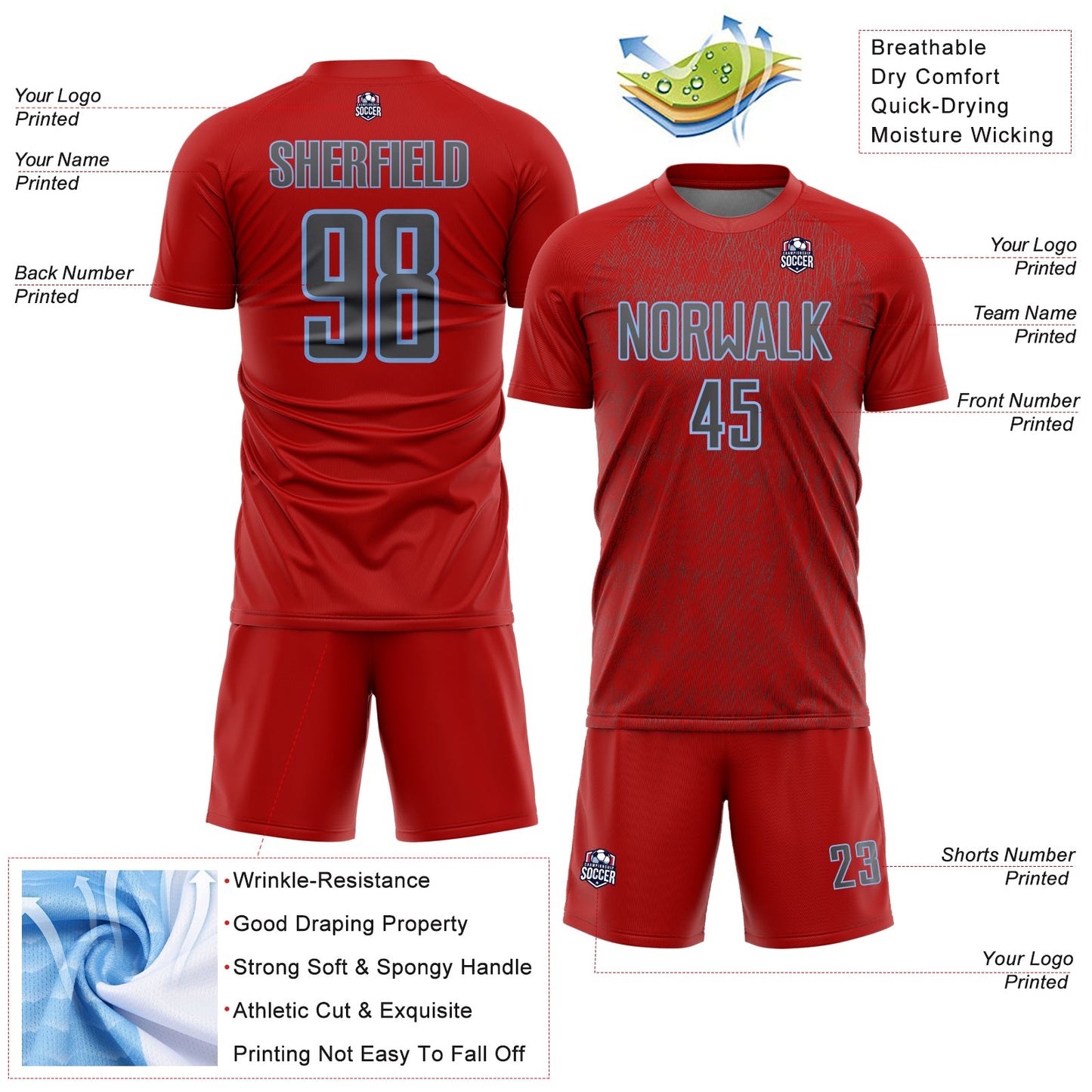 Custom Red Steel Gray-Light Blue Abstract Scribble Curve Line Pattern Sports Sublimation Soccer Uniform Jersey view 4
