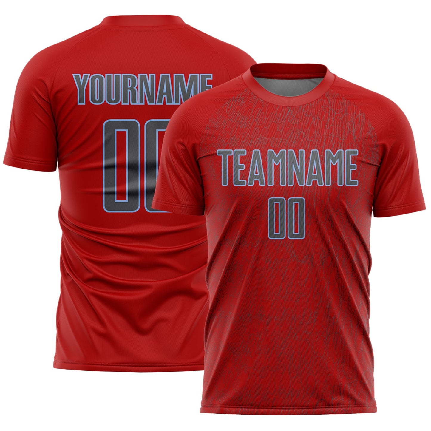 Custom Red Steel Gray-Light Blue Abstract Scribble Curve Line Pattern Sports Sublimation Soccer Uniform Jersey - Main View
