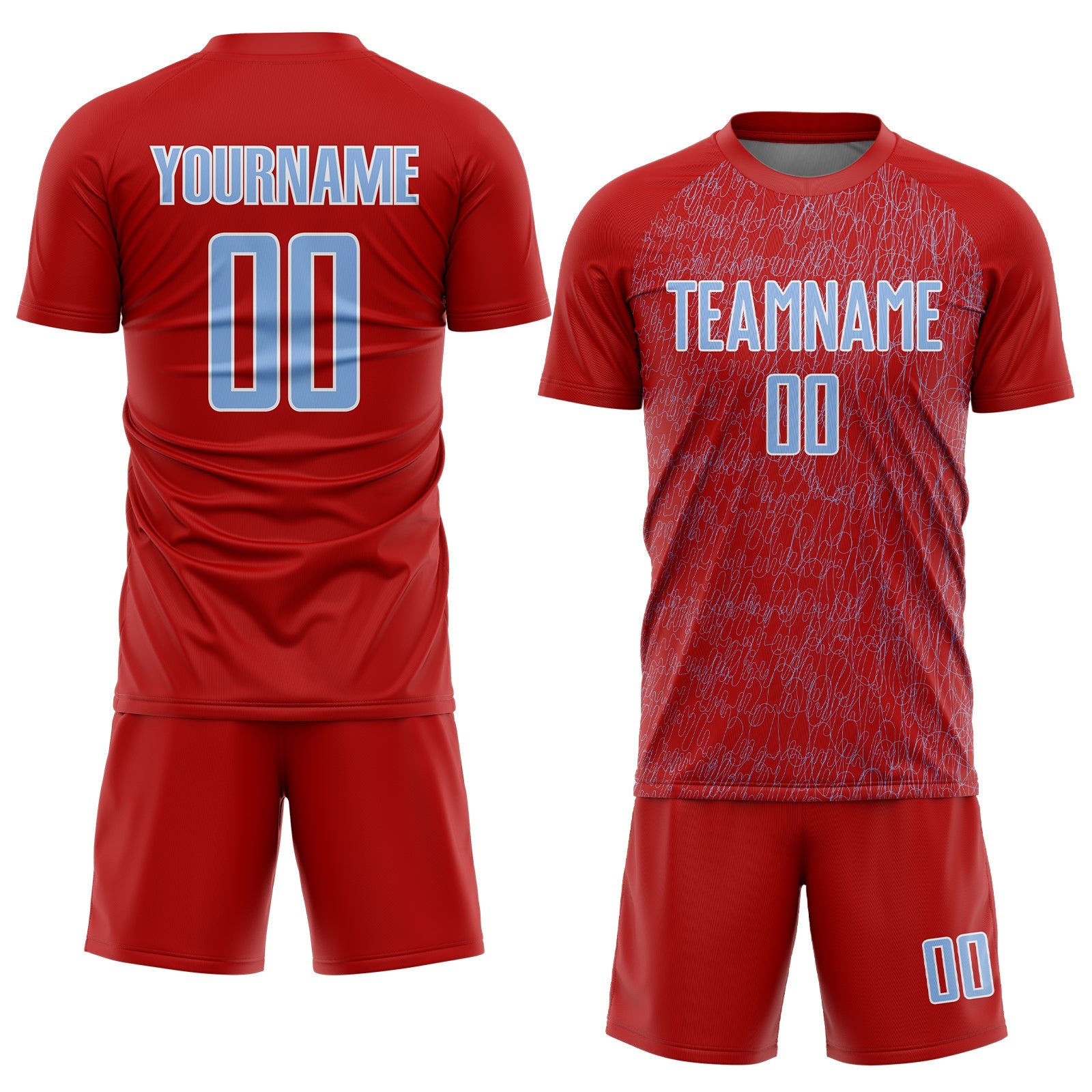 Custom Red Light Blue-White Abstract Scribble Curve Line Pattern Sports Sublimation Soccer Uniform Jersey view 2