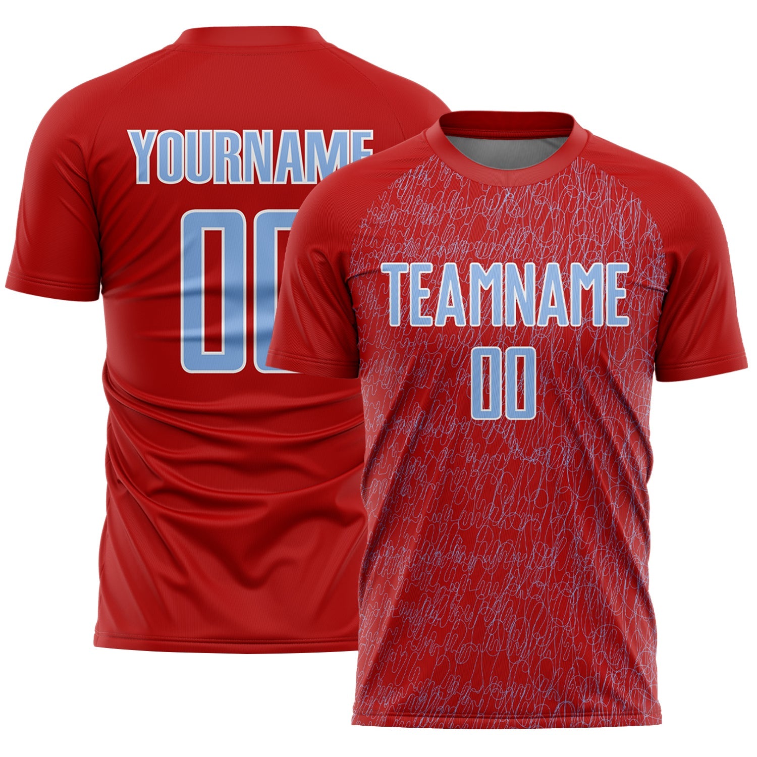 Custom Red Light Blue-White Abstract Scribble Curve Line Pattern Sports Sublimation Soccer Uniform Jersey - Main View